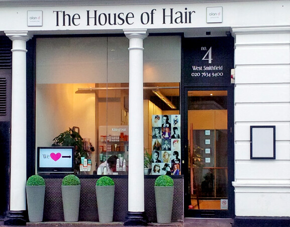 Exterior of Alan d's House of Hair Salon in West Smithfield, London.