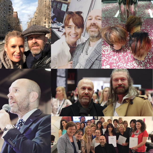 Collage of Edward Hemmings with various hairdressers and dummy heads.