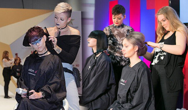 Alan d students cutting womens hair.