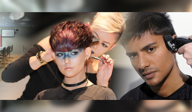 Alan d students cutting a man and woman's hair.