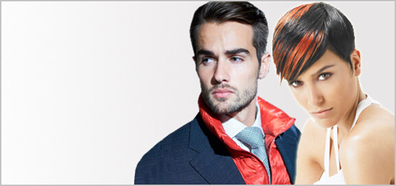 Male and female hair models with short dark brown hair.