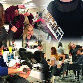 Collage of Alan d students learning practical and theoretical hairdressing.